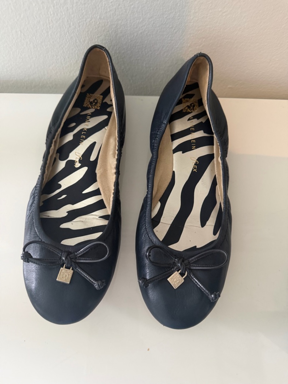 Anne Klein Navy Leather Bow Ballet Flats with Gold Charm